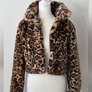 Leopard Print Faux Fur Cropped Jacket - Brown